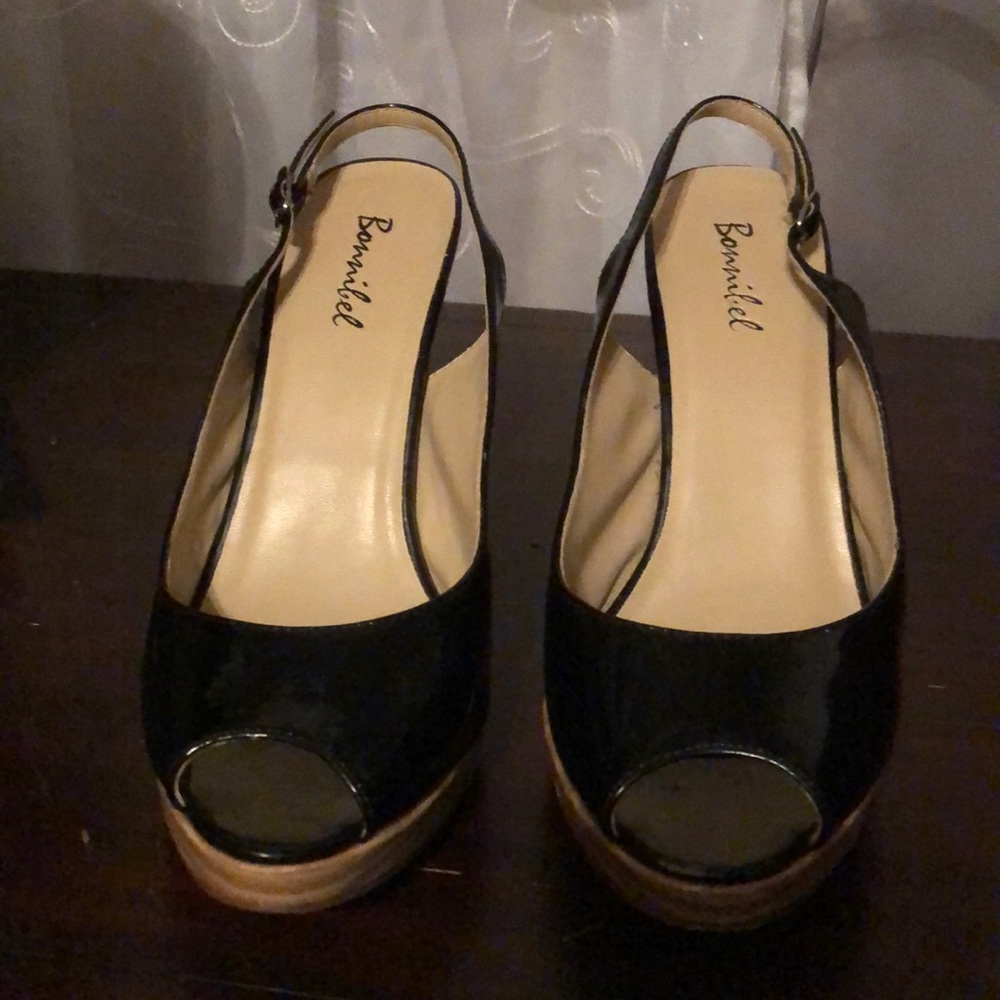 Sling back peep toe Black patent 4” heels